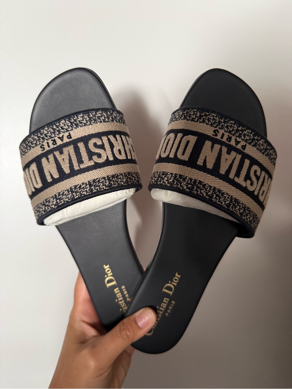 Dior Brown Leather Footbed Slide Sandals with Black & Beige Woven Strap